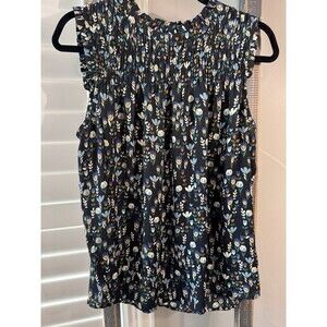 Fun2Fun Blouse Women's Medium Black Blue Rust Floral Sleeveless Smocked Top